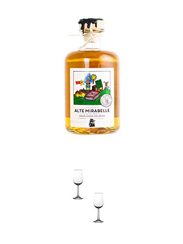 Sauerländer Alte Mirabelle 0,5 Liter + Nosing Gläser Kelchglas Bugatti mit Eichstrich 2cl und 4cl - 2 Stück von 1a Schiefer