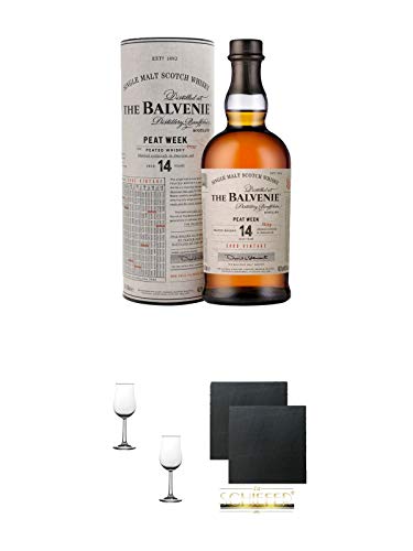 The Balvenie 14 Jahre The Week of Peat 48,3% 0,7 Liter + Nosing Gläser Kelchglas Bugatti mit Eichstrich 2cl und 4cl - 2 Stück + Schiefer Glasuntersetzer eckig ca. 9,5 cm Ø 2 Stück von 1a Schiefer