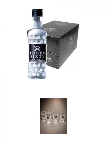 Three Sixty Vodka 24 x 4 cl Miniaturen + Three Sixty Vodka SHOT Glas mit Eichstrich 2 & 4 cl - 6 Stück von 1a Schiefer