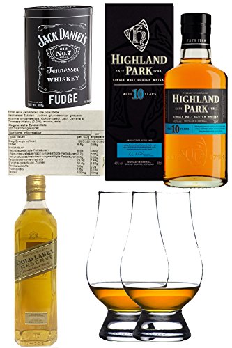 Whisky/Fudge Set 1 x 300g Jack Daniels Malt Whisky Fudge in Blechdose, 1 x Highland Park 10 Jahre Single Malt Whisky Islands 0,35 Liter, 1 x Johnnie Walker Gold Label Reserve 0,2 Liter + 2 Glencairn Gläser von 1a Whisky