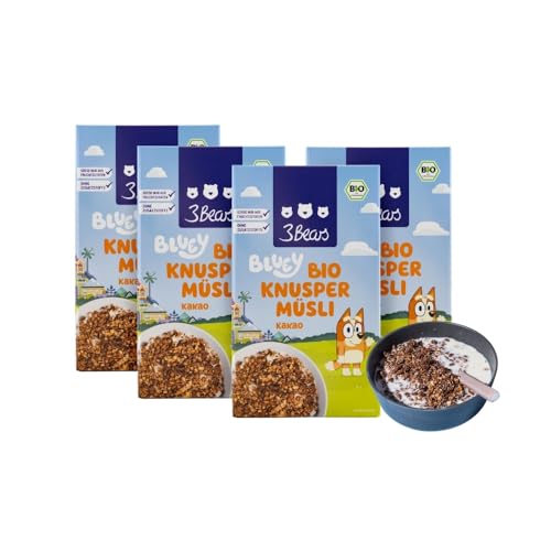 3Bears Bluey Bio Knuspermüsli – Kakao | 4x325 g veganes Müsli für Kinder mit Hafer-Vollkornflocken & Kakao | Ohne Zusatzstoffe und mit der Süße aus Fruchtzutaten von 3Bears