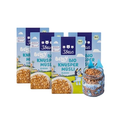 3Bears Bluey Bio Knuspermüsli – Klassik | 4x325 g veganes Vollkornmüsli für Kinder mit Haferflocken, gepufftem Reis & Zimt | Ohne Zusatzstoffe und mit der Süße aus Fruchtzutaten von 3Bears