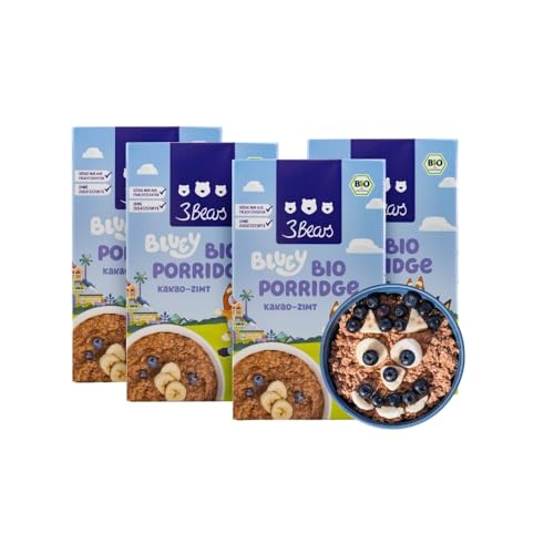 3Bears Bluey Bio Porridge – Kakao-Zimt | 4x400 g veganes Porridge für Kinder mit Hafer-Vollkornflocken, Kakao & Zimt | Ohne Zusatzstoffe und mit der Süße aus Fruchtzutaten von 3Bears