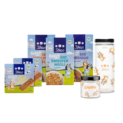 3Bears Bluey Lover-Set - Bingo Edition| Bio Knuspermüsli, Porridge, Müsliriegel, Vorratsglas & Overnight Oats Glas | Veganes Frühstücksset | Ohne Zusatzstoffe von 3Bears