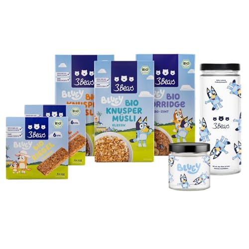 3Bears Bluey Lover-Set | Bio Knuspermüsli, Porridge, Müsliriegel, Vorratsglas & Overnight Oats Glas | Veganes Frühstücksset | Ohne Zusatzstoffe von 3Bears