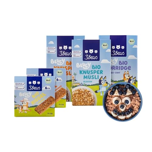 3Bears Bluey Set | Bio Knuspermüsli, Porridge & Müsliriegel | Vegane Frühstücksprodukte für Kinder | Ohne Zusatzstoffe | Süße nur aus Fruchtzutaten von 3Bears