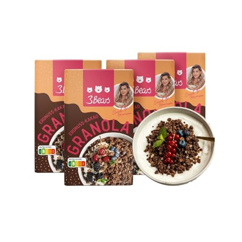 3Bears Granola – Erdnuss-Kakao | Knuspriges & veganes Granola mit Erdnüssen und Kakao, 4x325g | Ohne Industriezucker | In Kooperation mit Sarah Harrison von 3Bears