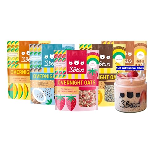 3Bears Overnight Oats Lover-Set inkl. Glas, 5x400g vegane Porridgemischung mit Vollkorn-Haferflocken, Sorten Erdbeere, Mango, Koko Kakao, Eiskaffee und Bananen Split, vegan, ohne Zusatzstoffe von 3Bears