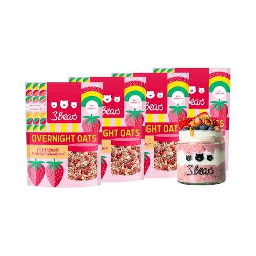 3Bears Overnight Oats - Edle Erdbeere, 4x400g vegane Porridgemischung mit Vollkorn-Haferflocken und Erdbeeren, vegan, ohne Zusatzstoffe & Industriezucker, nach eigener Rezeptur von 3Bears