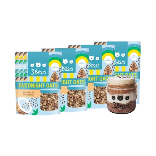 3Bears Overnight Oats - Koko Kakao, 4x400g vegane Porridgemischung mit Vollkorn-Haferflocken, Kokos und Kakao, vegan, ohne Zusatzstoffe & Industriezucker, nach eigener Rezeptur von 3Bears