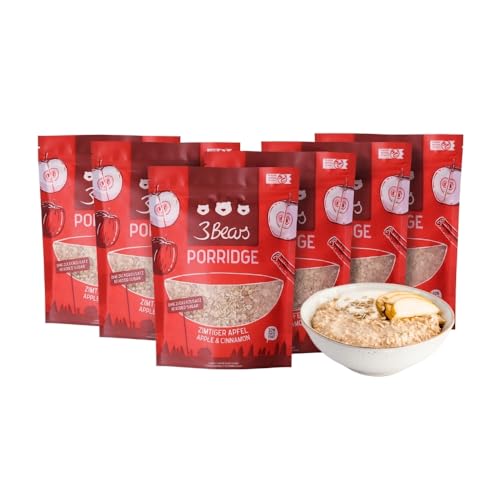 3Bears Porridge - Zimtiger Apfel I 6x400g veganes Porridge mit Vollkorn-Haferflocken I Mit rein natürlicher Süße und ohne Zusatzstoffe I auch als Oatmeal, Frühstücksbrei oder Overnight Oats von 3Bears