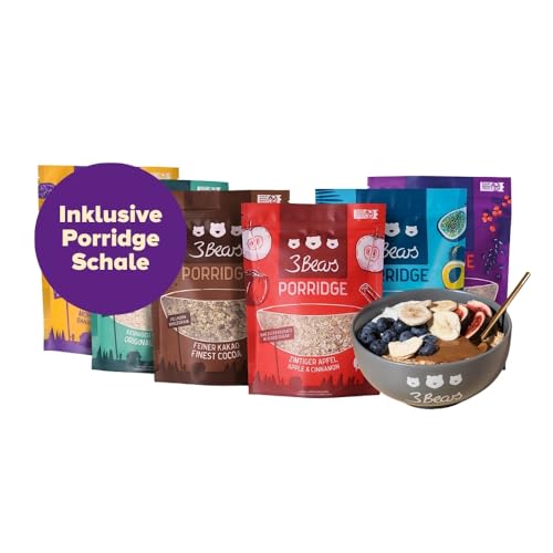 3Bears Porridge Lover-Set inkl. Schale in Anthrazit I 6x400g Porridges: Feiner Kakao, Zimtiger Apfel, Mohnige Banane, Fruchtige Kokosnuss, Dreierlei Beere & Kerniger Klassiker | Rein natürliche Süße von 3Bears