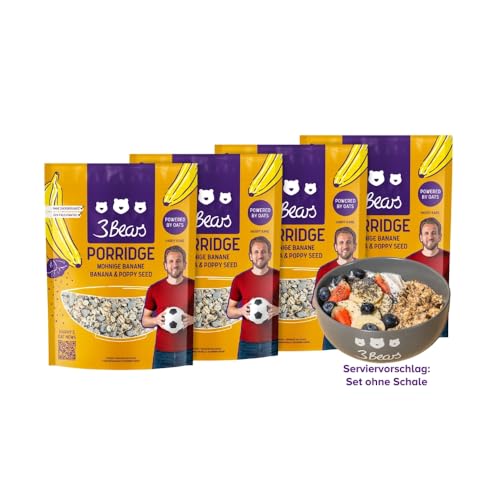 3Bears Porridge Lover-Set inkl. Schale in Sand I 6x400g Porridges: Feiner Kakao, Zimtiger Apfel, Mohnige Banane, Fruchtige Kokosnuss, Dreierlei Beere & Kerniger Klassiker | Rein natürliche Süße von 3Bears