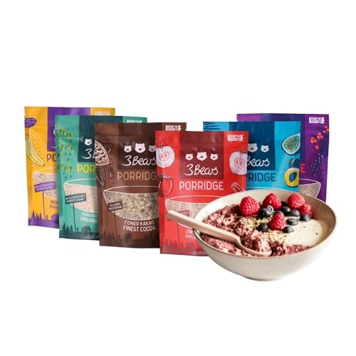 3Bears Porridge Set I 6x400g vegane Portionsbeutel mit Feiner Kakao, Zimtiger Apfel, Mohnige Banane, Fruchtige Kokosnuss, Dreierlei Beere & Kerniger Klassiker | Mit rein natürlicher Süße von 3Bears