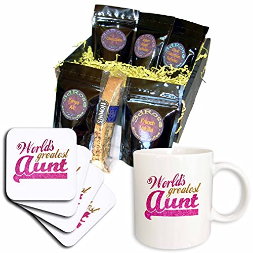 3dRose cgb_151285_1 Geschenkkorb mit Aufschrift Worlds Greatest Aunt – Best Auntie Ever – Rosa und Gold – Kunstfunkelnd, matt glitzernd – Kaffeekorb, Mehrfarbig von 3dRose