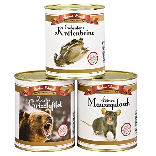 4you Design 3-er Set Mäusegulasch, Grizzlyfilet, Krötenbeine Feines aus der Dose – Gummibärchen, Frösche & weiße Mäuse Schaumgummi in Original Feinkostdose – Lustige Geschenkidee für Sie & Ihn 3x175g von 4you Design