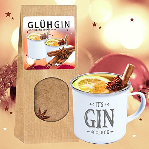 SET: Metalltasse im Emaille-Look -It's GIN o'clock- mit GLÜHGIN-Gewürzmischung 80g, Tasse mit Spruch, Geschenkidee für Weihnachten Nikolaus Geschenke von 4youDesign