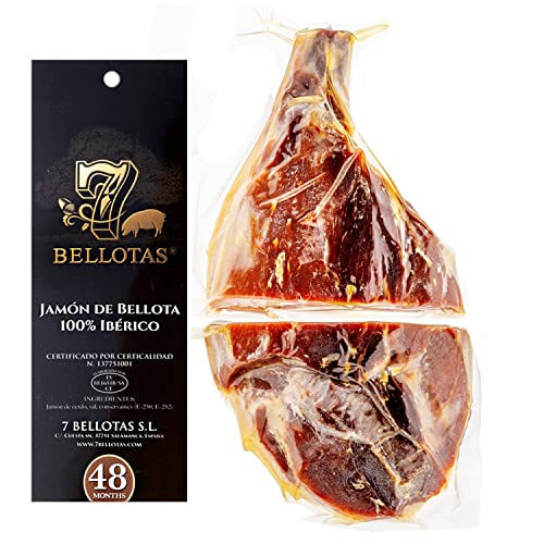 7 BELLOTAS Iberischer Eichel-Schinken | JAMON Bellota PATA NEGRA 100% Iberico Rasse | Spanischer Schinken 48 Monate (Ohne Knochen + 3,2 Kg.) von 7 BELLOTAS