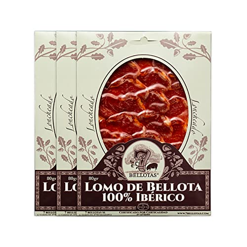 7 BELLOTAS-Lende 100% Iberischer Rasse | Eichel-Luftgetrocknete PATA NEGRA Schweinelende | Spanischer LOMO Iberico BELLOTA Wurst (Geschnitten 3X80G) von 7 BELLOTAS