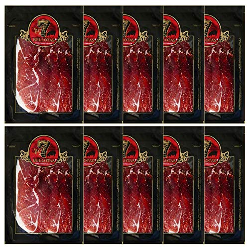 7B PREMIUM 50% Iberische Rasse Schinken | Spanischer Schinken Feldköderschinken | JAMON Pata Negra Guijuelo 36 Monate (In Scheiben geschnitten 10X100G) von 7 BELLOTAS