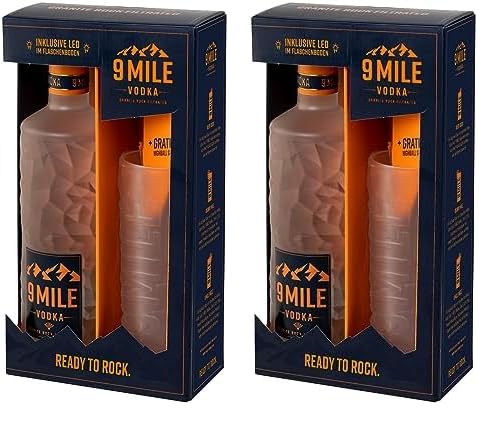 9 MILE Vodka Geschenkeset mit 0,7l Flasche & 9 MILE Glas – 37,5% Vol. Premium Vodka mit LED-Beleuchtung, Granite Rock Filtration & mildem Geschmack – ideal für Longdrinks oder den puren Genuss von 9 Mile