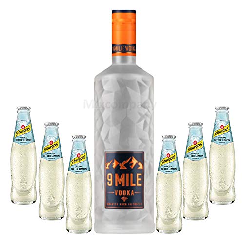 9 Mile Vodka Wodka 0,7l (37,5% Vol) LED beleuchtet + 6x Schweppes Bitter Lemon 200ml - Inkl. Pfand MEHRWEG Vodka Lemon Set - [Enthält Sulfite] von 9 Mile