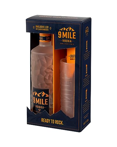 9 MILE Vodka Geschenkeset mit 0,7l Flasche & 9 MILE Glas – 37,5% Vol. Premium Vodka mit LED-Beleuchtung, Granite Rock Filtration & mildem Geschmack – ideal für Longdrinks oder den puren Genuss von 9 Mile