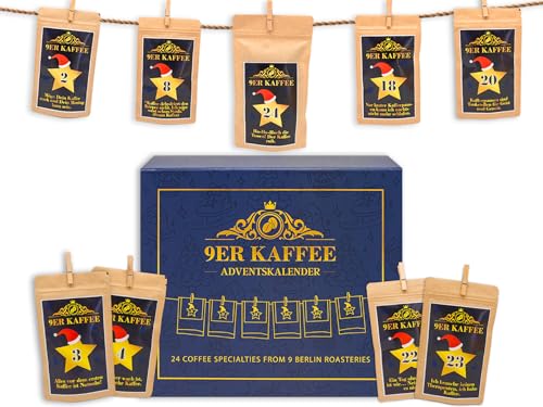 Edler Kaffee Adventskalender 2024 von 9 Berliner Kaffeeröstereien - Weihnachtskalender mit 24 Premium Kaffeespezialitäten | Kaffee Geschenk für Männer & Frauen | Kaffee Probierset gemahlen von 9er Kaffee