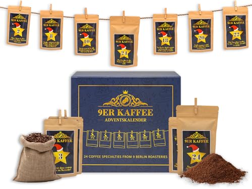 Edler Kaffee Adventskalender 2024 von 9 Berliner Kaffeeröstereien - Weihnachtskalender mit 24 Premium Kaffeespezialitäten | Kaffee Geschenk für Männer & Frauen | Kaffeebohnen Probierset von 9er Kaffee