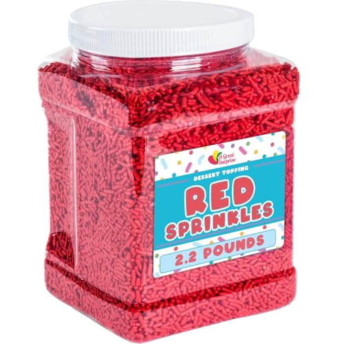 Red Sprinkles – Red Jimmies Bulk 1 kg – Rote Jimmy Streusel in wiederverschließbarem Behälter – Streusel für Kuchen, Cupcakes, Cakepops, Kekse, Desserts von A Great Surprise