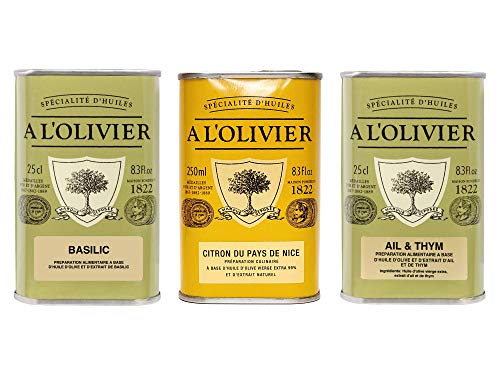 A l'Olivier - 3er-Set Olivenöle - Olivenöl mit Basilikum, Olivenöl mit Zitrone, Olivenöl mit Knoblauch & Thymian - 3 x 250 ml von A L'Olivier