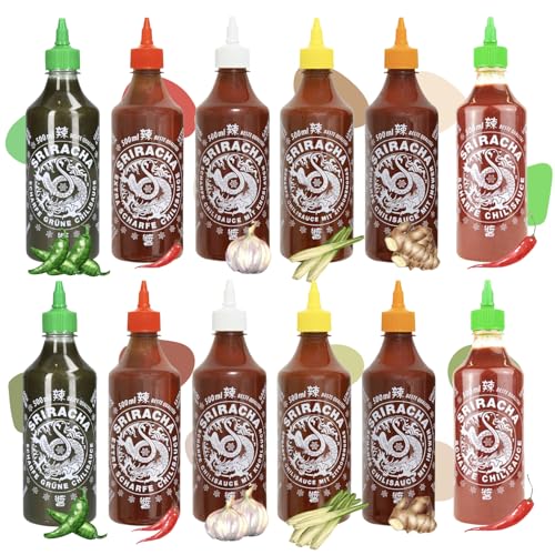 A-ONE Sriracha Sauce 12er Set x 500ml - Chilisauce mit 6 Geschmacksrichtungen je 2 Flaschen - Klassik, Super Hot, Knoblauch, Zitronengras, Ingwer, Grün - Vorteilspack - Vegetarisch von A-ONE