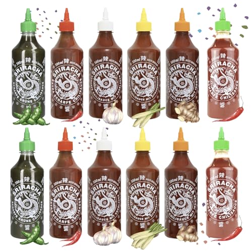 A-ONE Sriracha Sauce 12er Set x 500ml - Chilisauce mit 6 Geschmacksrichtungen je 2 Flaschen - Klassik, Super Hot, Knoblauch, Zitronengras, Ingwer, Grün - Vorteilspack - Vegetarisch von A-ONE