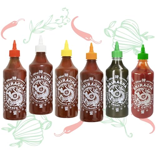 A-ONE Sriracha Sauce 6er Set x 500ml - Chilisauce mit 6 Geschmacksrichtungen - Klassik, Super Hot, Knoblauch, Zitronengras, Ingwer, Grün - Probierpack - Vegetarisch Halal von A-ONE