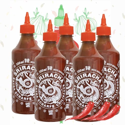 A-One Sriracha Sauce 5 x 500ml Extra Scharf - Chilisauce Super Scharf - 5er Vorteilspack - Würzsaucen zum Würzen, Dippen und Verfeinern von A-ONE