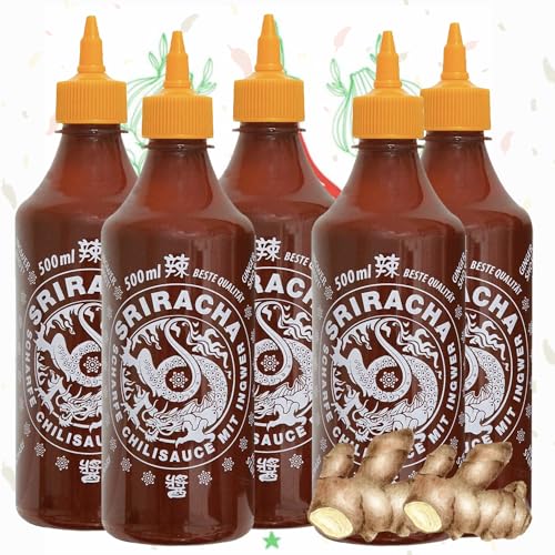 A-One Sriracha Sauce Ingwer 5 x 500ml Würzsaucen - 5er Vorteilspack Chilisauce - passt gut zu gegrilltem oder geröstetem Fleisch und Gemüse von A-ONE