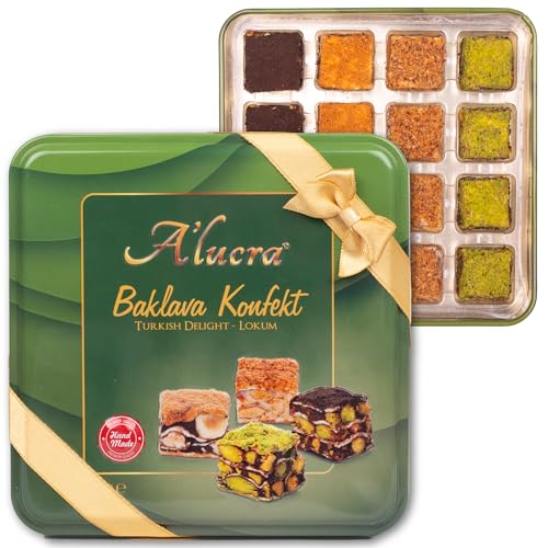 A'lucra® Baklava Konfekt 250 g | Turkish Delight Lokum | Premium Geschenkverpackung mit Schleife | Handgemacht mit besten Zutaten und hohem Nussanteil | Orientalische Pralinen | Geschenkidee (4x 250g) von A’lucra