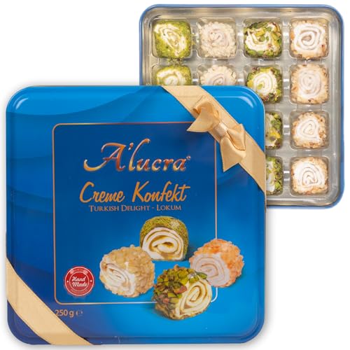 A'lucra® Creme Konfekt | Premium Turkish Delight Lokum | Handgemachte türkische Spezialitäten | Mit Pistazien, Haselnüssen, Mandeln | Geschenkverpackung mit Schleife | Exquisite Süßigkeiten (1x 250g) von A’lucra