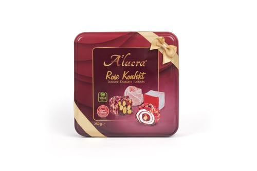 4 x 250 g Rose Konfekt- Turkish Delight/Lokum - hochwertige Geschenkverpackung mit einer Schleife - Hand Made mit den besten Zutaten & hohem Nuss Anteil - echten Rosenaroma & Rosenblätter - 100% Vegan von A’lucra