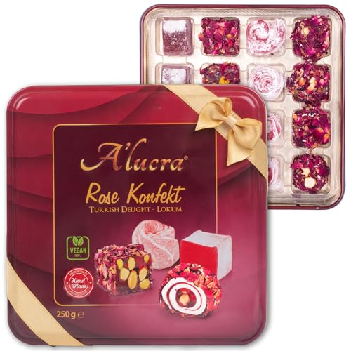 A'lucra® Rose Konfekt | Premium Turkish Delight Lokum | Handgemachte türkische Spezialitäten | Mit Pistazien, Haselnüssen, Rosenblättern | Geschenkverpackung mit Schleife | Süßigkeiten (4x 250g) von A’lucra