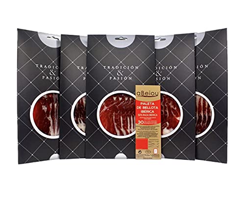 aBeiou. 500gr Schulter GESCHNITTENE EICHEL IBERISCHER SCHINKEN. Ausgehärtet +30 Monate in Guijuelo Spanien. Hycer-Garantiezertifikat. Jamon Iberico Bellota Patanegra. 5x100gr Karton von ABEIOU