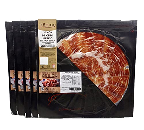 aBeiou. 500gr. Tablett mit HANDGESCHNITTENEN IBERISCHEN KÖDERSCHINKEN. Manuelles Schneiden, selbstschließende Platte. +30 Monate. Jamon Iberico Patanegra. Hycer-Garantiezertifikat. 5x100gr von ABEIOU