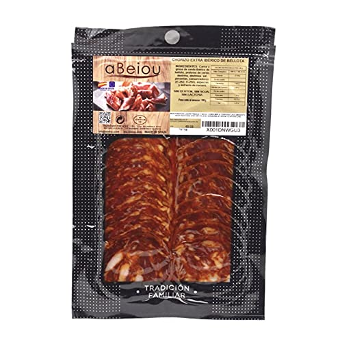 aBeiou. GESCHNITTENE EICHEL IBERISCHE CHORIZO. EXTRA-QUALITÄT. Handgeheilt in Guijuelo Spanien. Patanegra. 1 Packung 100gr. von ABEIOU