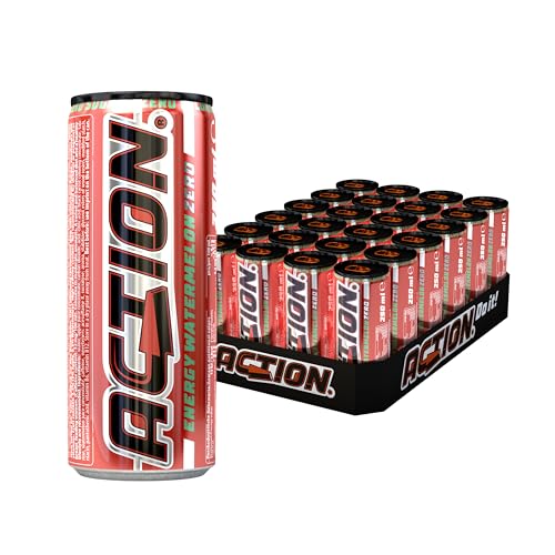 ACTION Energy Drink Watermelon Zero (48 x 250ml) inkl. Pfand - Erfrischungsgetränk und Energiekick mit erhöhtem Koffeingehalt 32mg/100ml Koffein verbesserte Leistung von ACT!ON