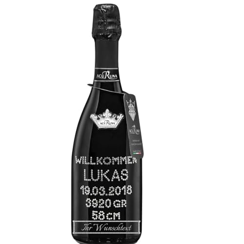 Geschenk Geburt personalisiert Prosecco Flasche 0,75l mit Strass verziert Motiv: Willkommen Lukas von ACURUNA