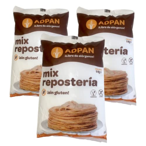 ADPAN Glutenfreie Dessertmischung. Glutenfreie und allergenfreie Zubereitung von Desserts. Veganes Pulver für hausgemachtes Backen. Packung mit 3 Beuteln zu je 1 Kilo. von ADPAN