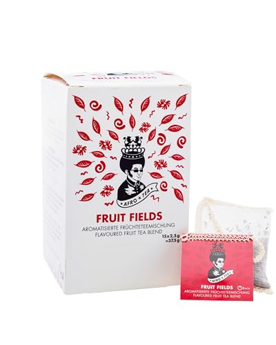 Afro Tea Fruit Fields (Aromatisierte Früchteteemischung), Premium Tee in 15 Musselin-Teebeutel, je 2,5g, handgenäht. Erlesene Pflanzen bester Qualität - koffeinfrei von AFRO COFFEE