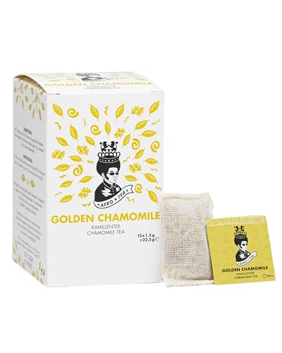 Afro Tea Golden Chamomile (Kamillentee aus feinen Kamillenblüten), Premium Tee in 15 Musselin-Teebeutel, je 1,5g, handgenäht. Erlesene Pflanzen bester Qualität - koffeinfrei von AFRO COFFEE