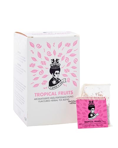 Afro Tea Tropical Fruits (Aromatisierte Kräuterteemischung aus tropischen Früchten), Premium Tee in 15 Musselin-Teebeutel, je 2,5g, handgenäht. Erlesene Pflanzen bester Qualität - koffeinfrei von AFRO COFFEE