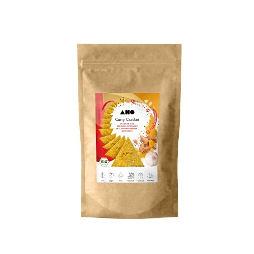 AHO Curry Cracker aus Bio Urdinkel-Sprossen 400g | Rohkostcracker aus gekeimtem Urgetreide aus deutschem Bio-Anbau | Superfood Sprossencracker | 100% Bio, Vegan, Raw | Plastikfrei verpackt (400g) von AHO